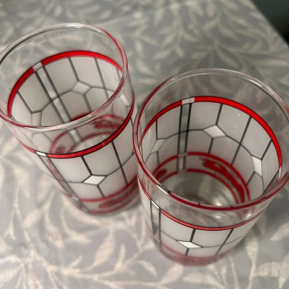 Vtg Coca-Cola Stained Glass Style Drinking Glasses Set of 2 Frosted Red White